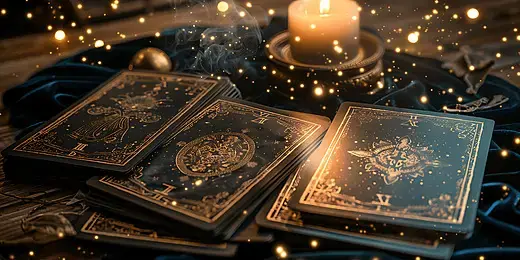 Cartas de tarot doradas con destellos y vela encendida